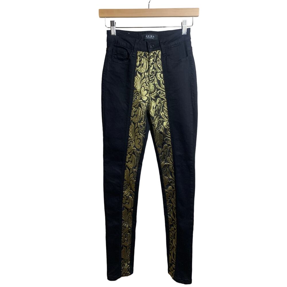Akira Jeans - Black with Gold Embroidered Accents - High Rise - Size 1